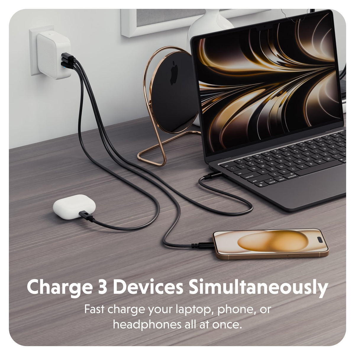 Hyper charger top ports close-up highlighting two USB-C and one USB-A for versatile charging
