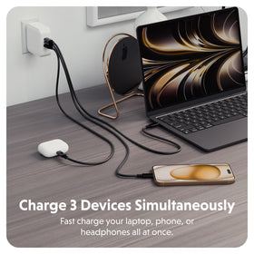 Hyper charger top ports close-up highlighting two USB-C and one USB-A for versatile charging