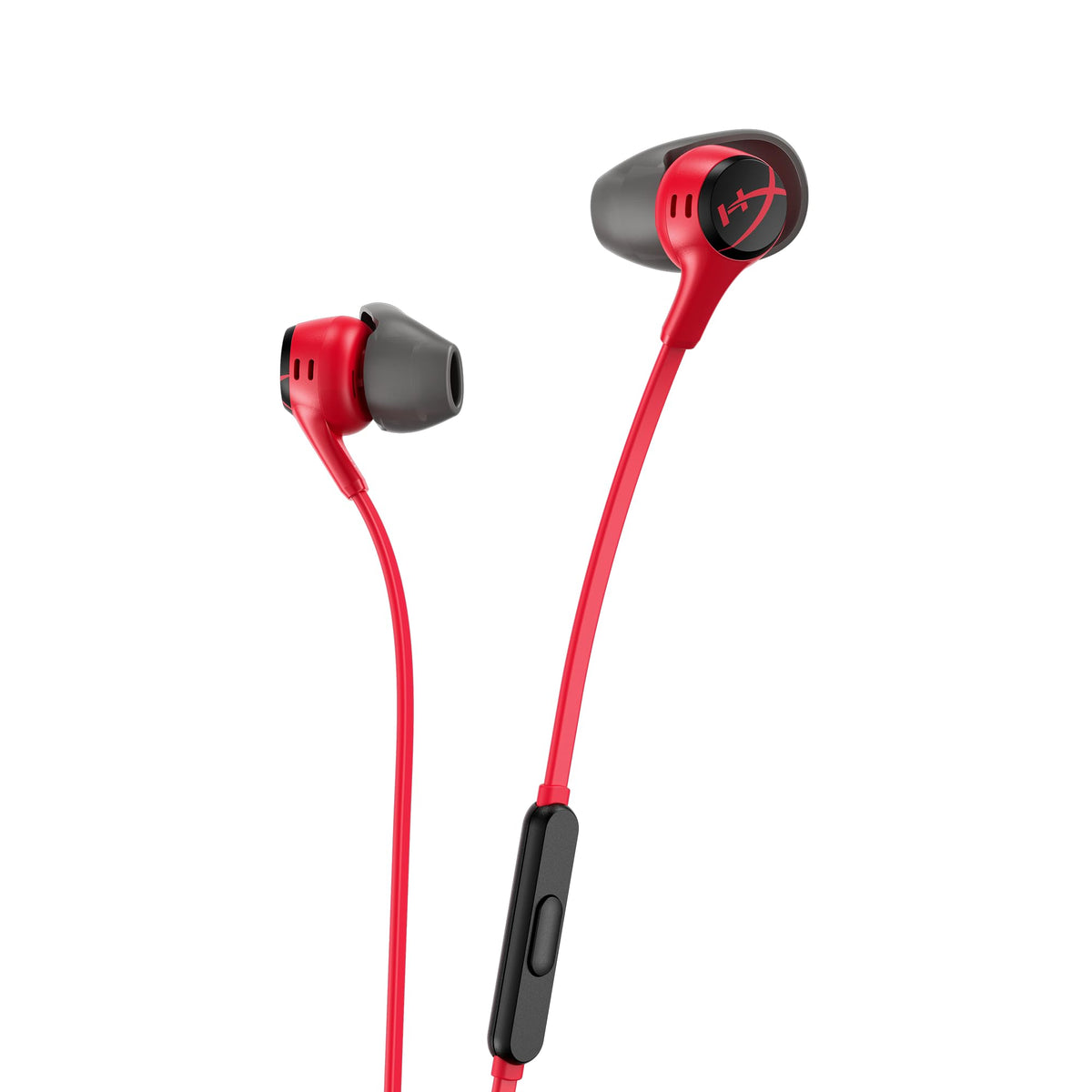 HyperX Cloud Earbuds II front view showing sleek red earbuds and cable for portable gaming