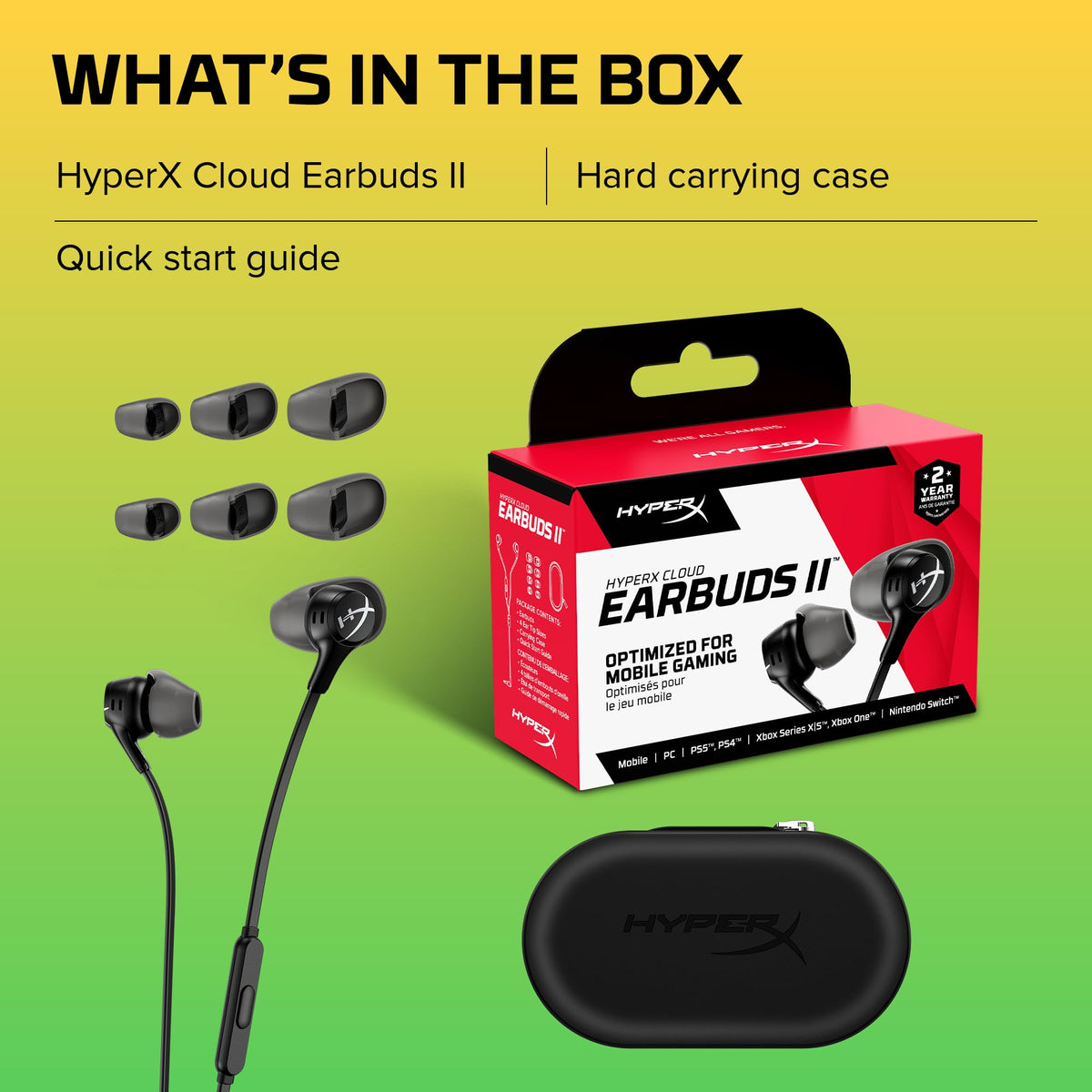 HyperX Cloud Earbuds II next to a coin showing compact size and easy portability