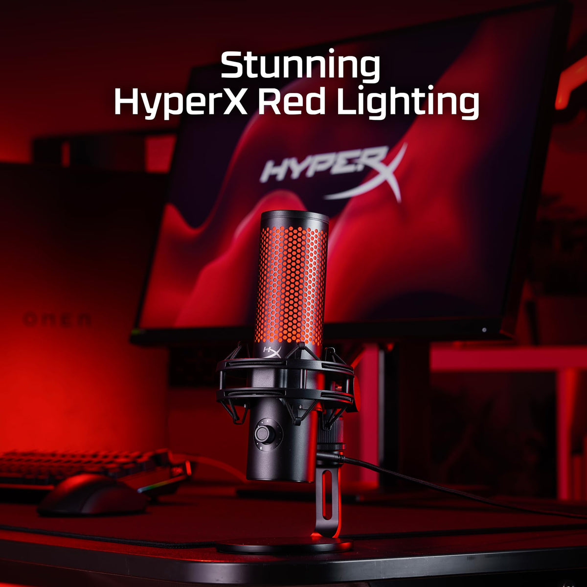 HyperX QuadCast 2 renewed removable shock mount reduces desk noise.