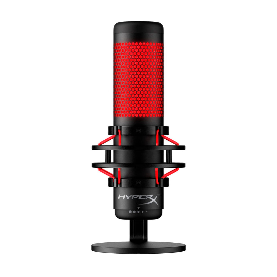 HyperX QuadCast Rouge on desk for crisp streaming audio