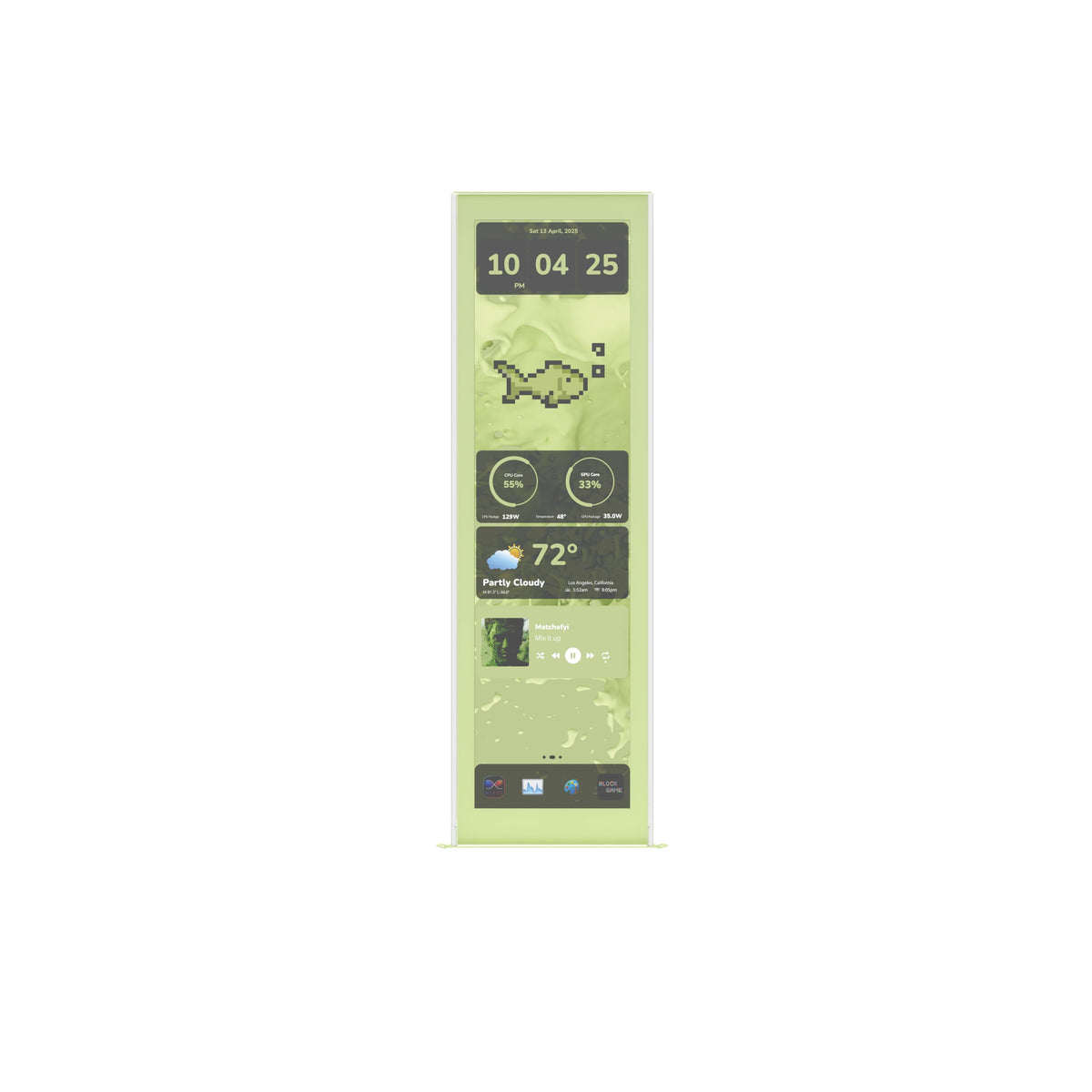 HYTE Y70 touch display front view with Matcha Milk bezel for immersive control