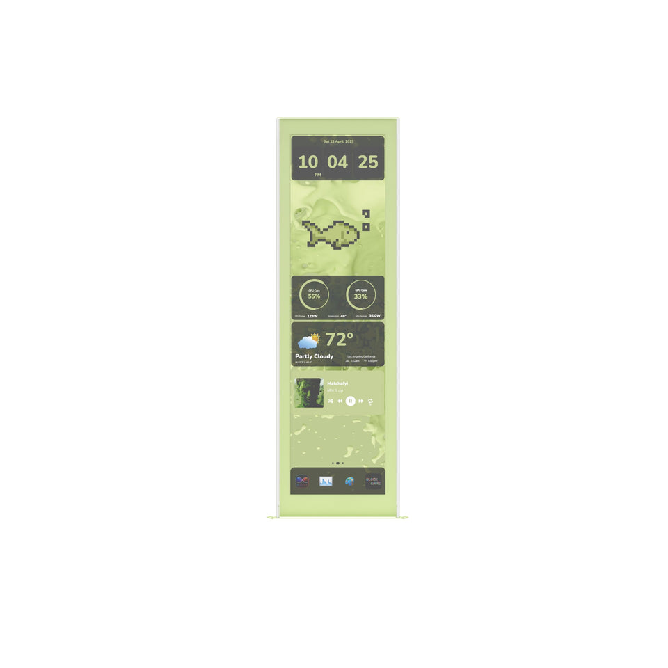HYTE Y70 touch display front view with Matcha Milk bezel for immersive control