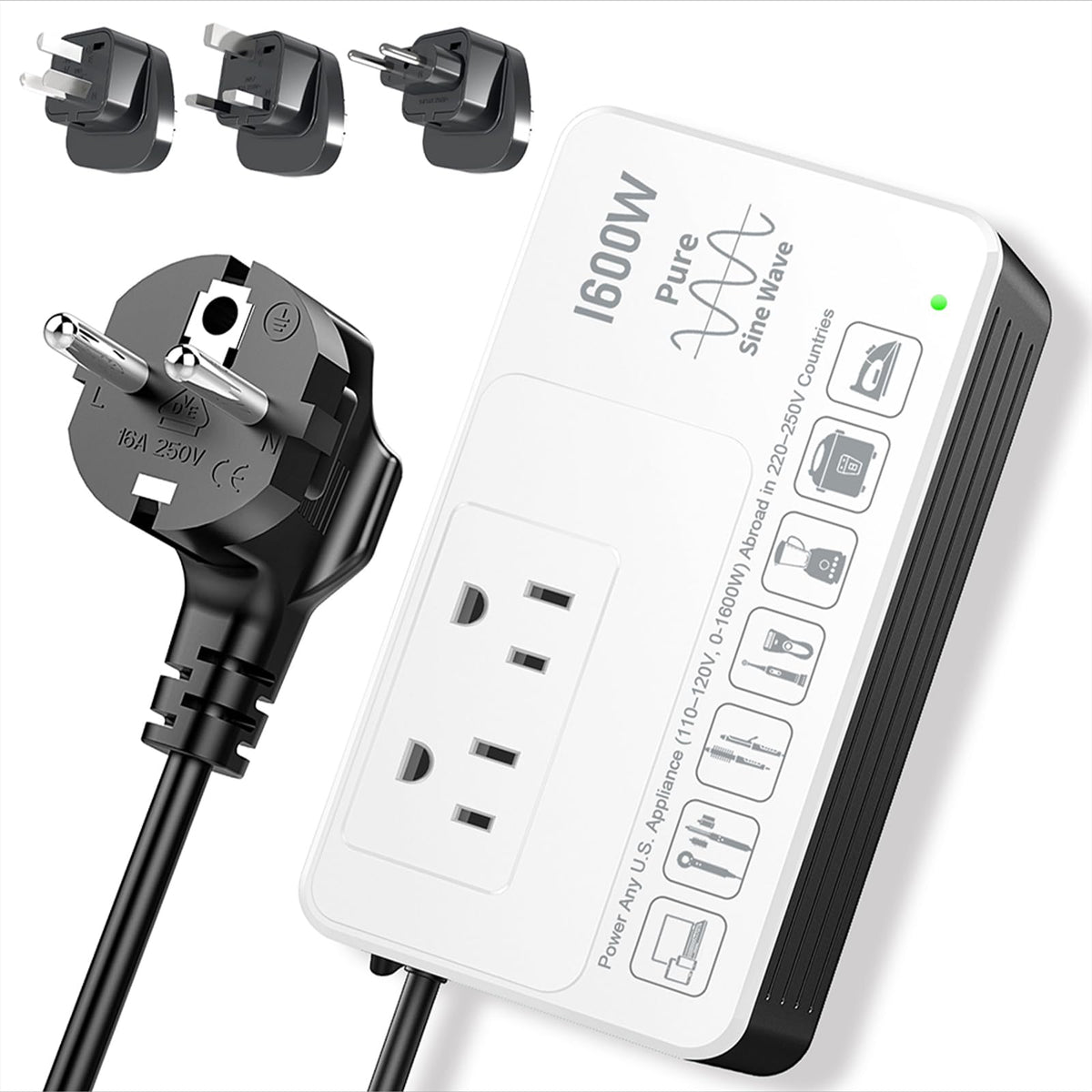 HYTED 1600W voltage converter front view shows compact travel-ready design for safe power.