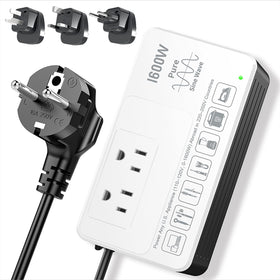 HYTED 1600W voltage converter front view shows compact travel-ready design for safe power.