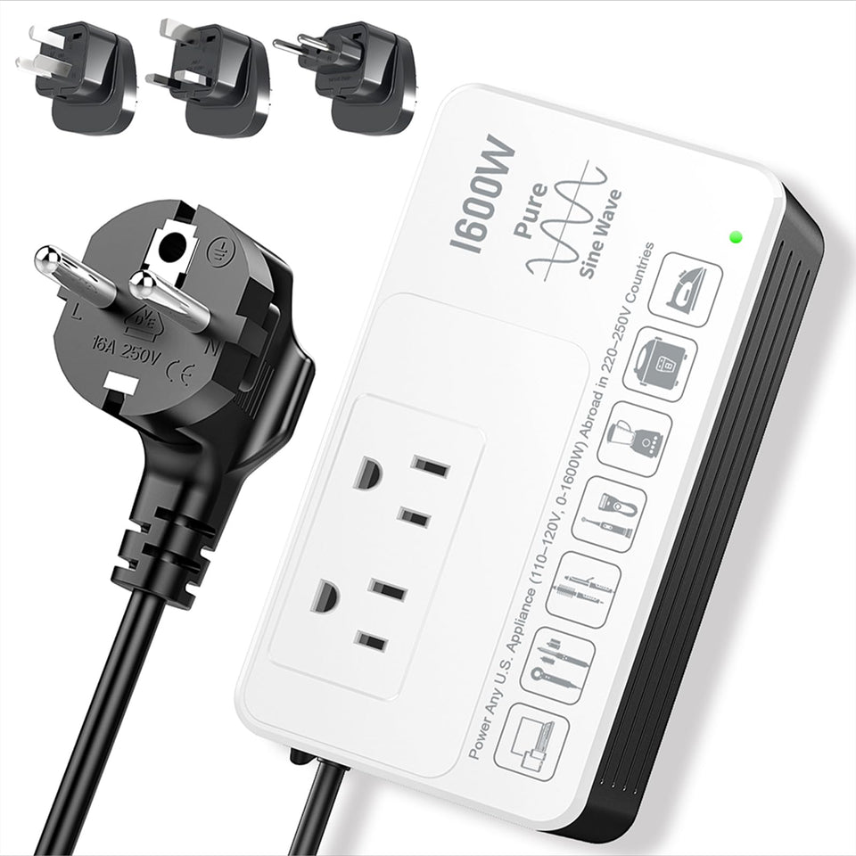 HYTED 1600W voltage converter front view shows compact travel-ready design for safe power.