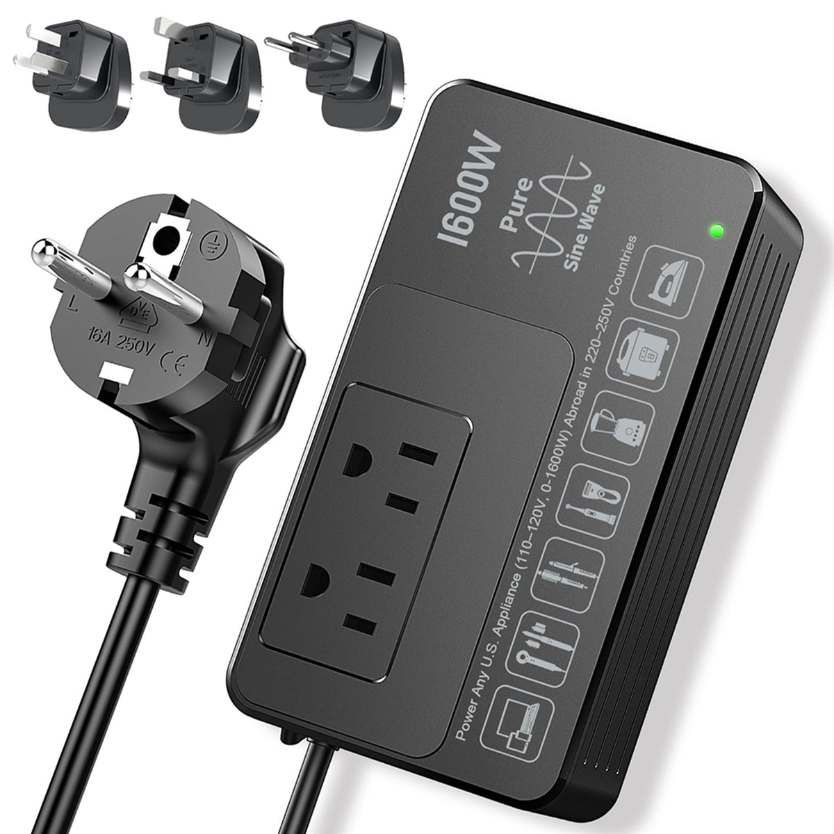 HYTED 1600W voltage converter front view for reliable 110V output during travel