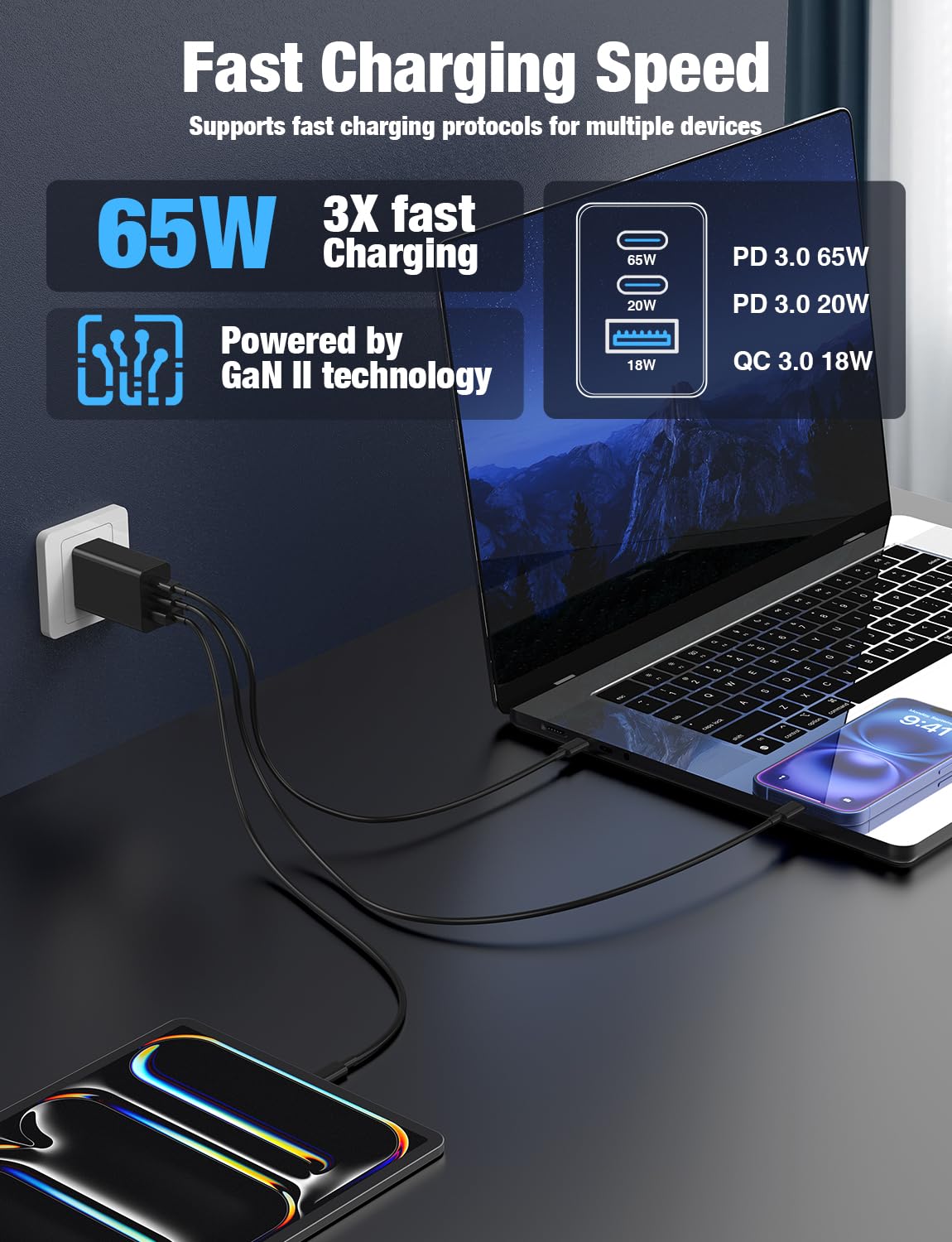Hzevn 65W PD USB-C port powering a MacBook Pro and iPhone on the go