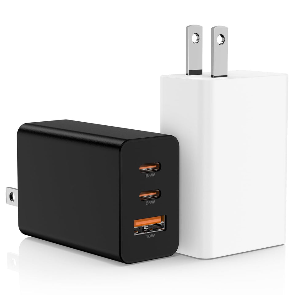 Hzevn 65W USB-C wall charger black front view showing compact design for laptops.