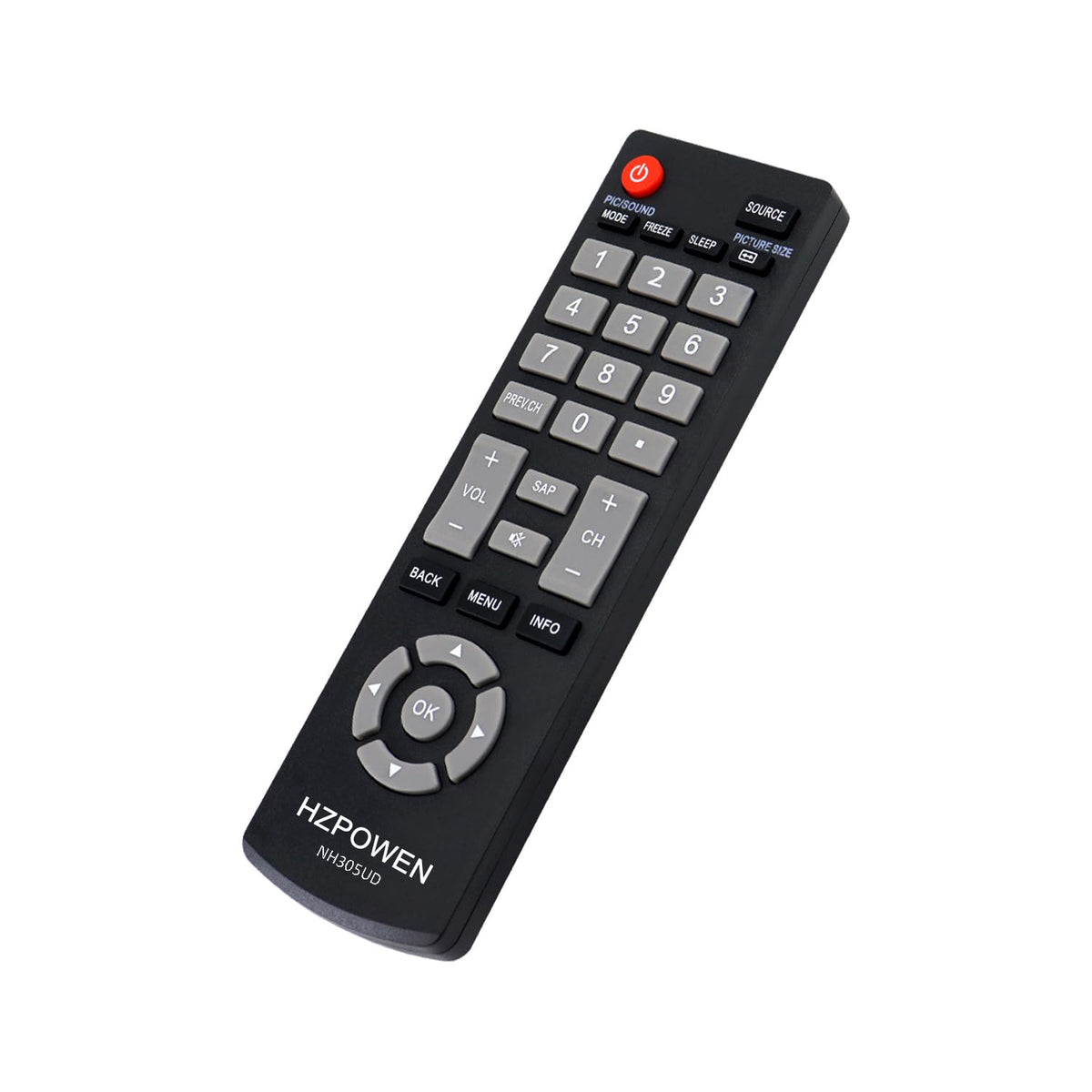 HZPOWEN front view of NH305UD remote showing full button layout and easy replacement