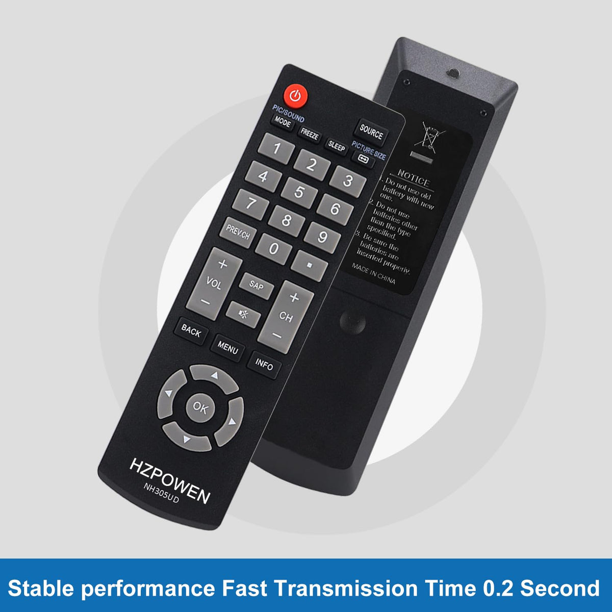 HZPOWEN remote pointed at Emerson TV showing quick no-program setup benefit