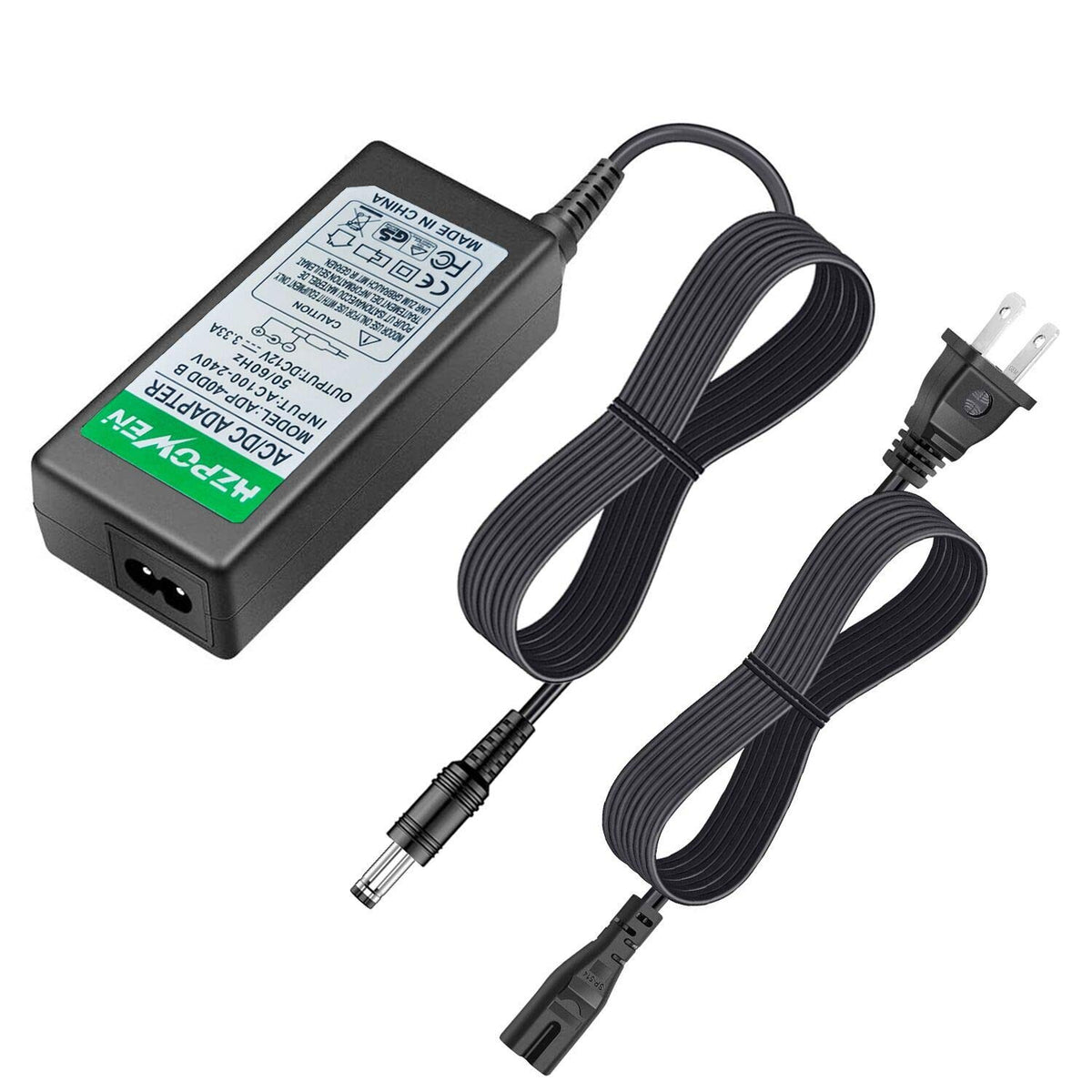 HZPOWEN adapter label with specifications for safe 12V 3.33A power delivery