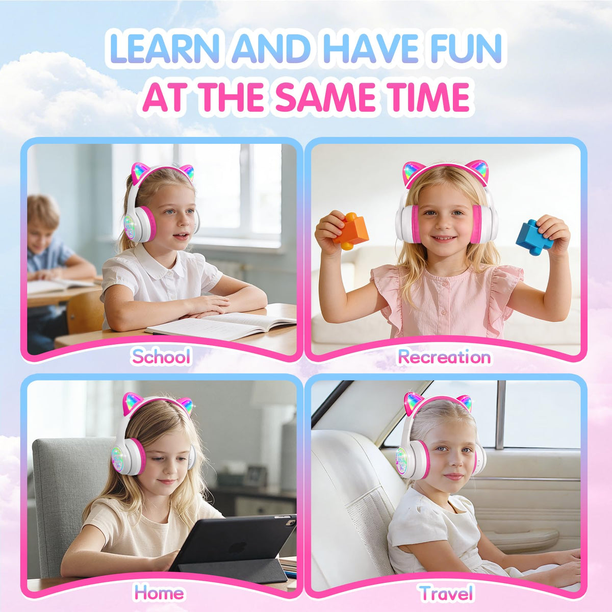 I love e iFecco child wearing headphones in a living room, comfortable and playful
