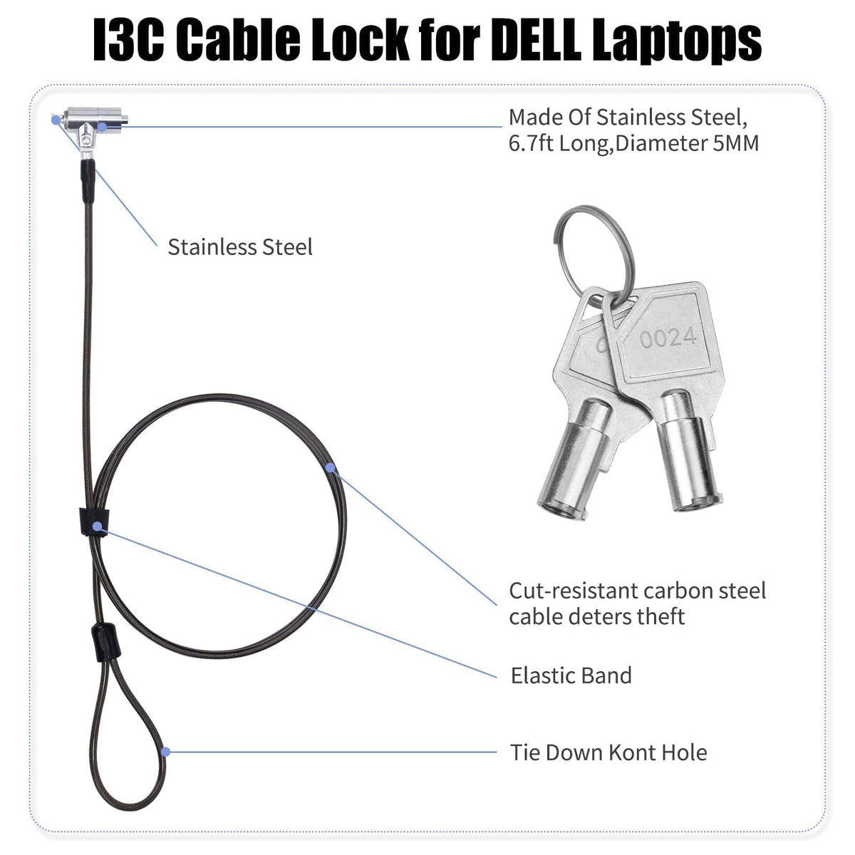 I3C Laptop Cable Lock with 6.7ft cable enables flexible tethering.
