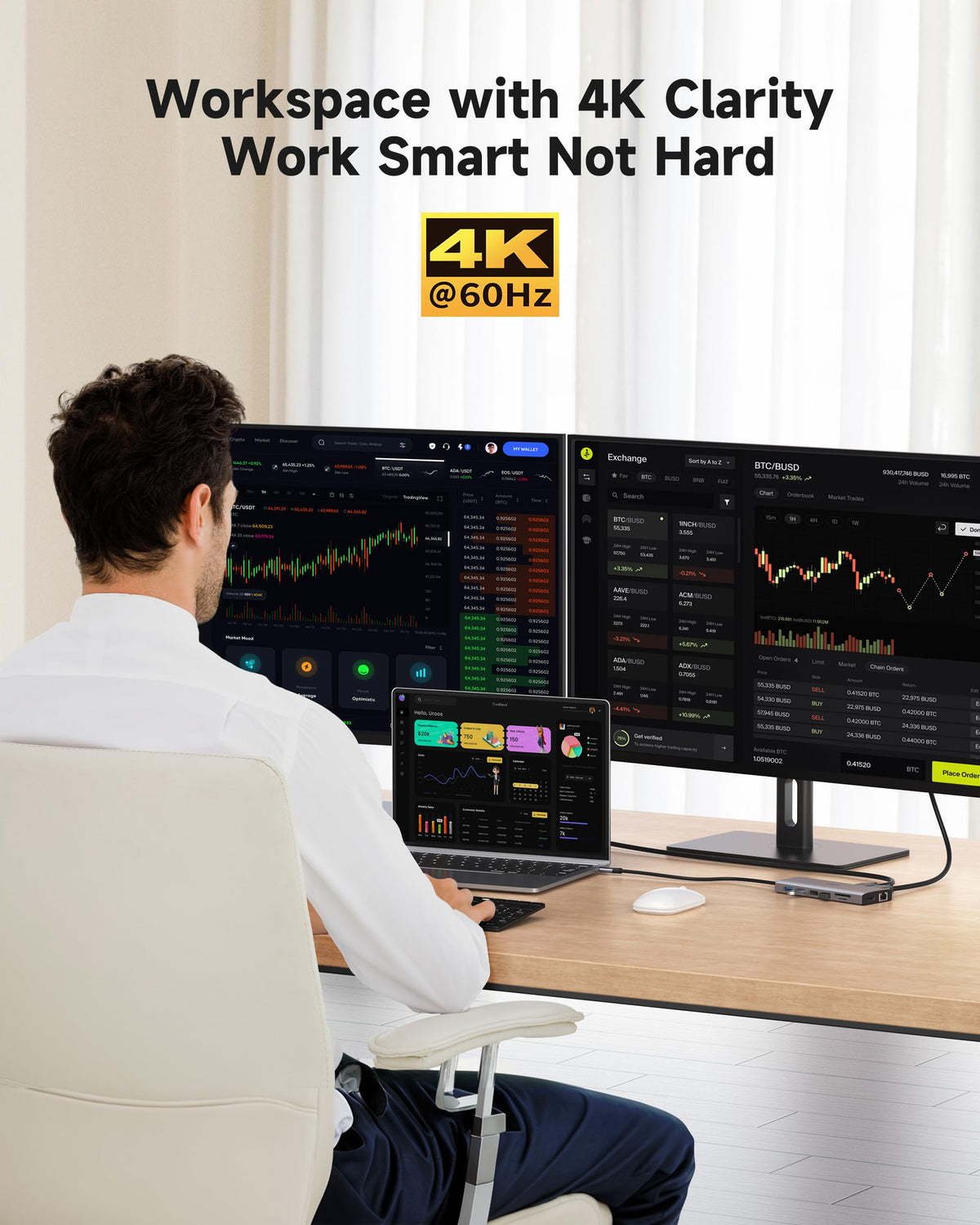 IAVKYU connected to MacBook and three monitors for expanded productivity