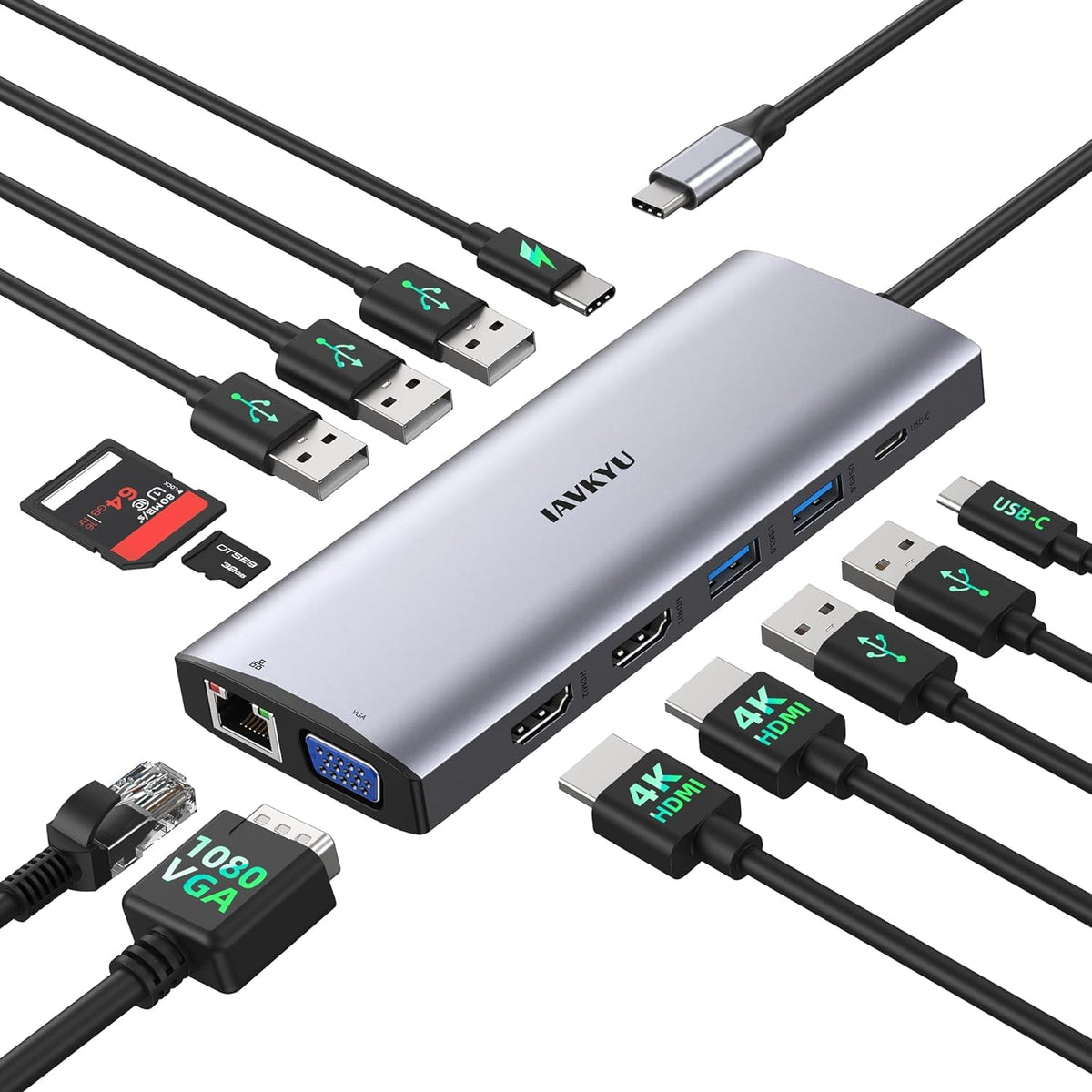 IAVKYU front view of docking station showing sleek profile and port layout for clean desk