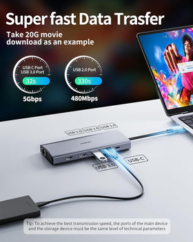 IAVKYU showing PD power input and adapter connection for fast laptop charging
