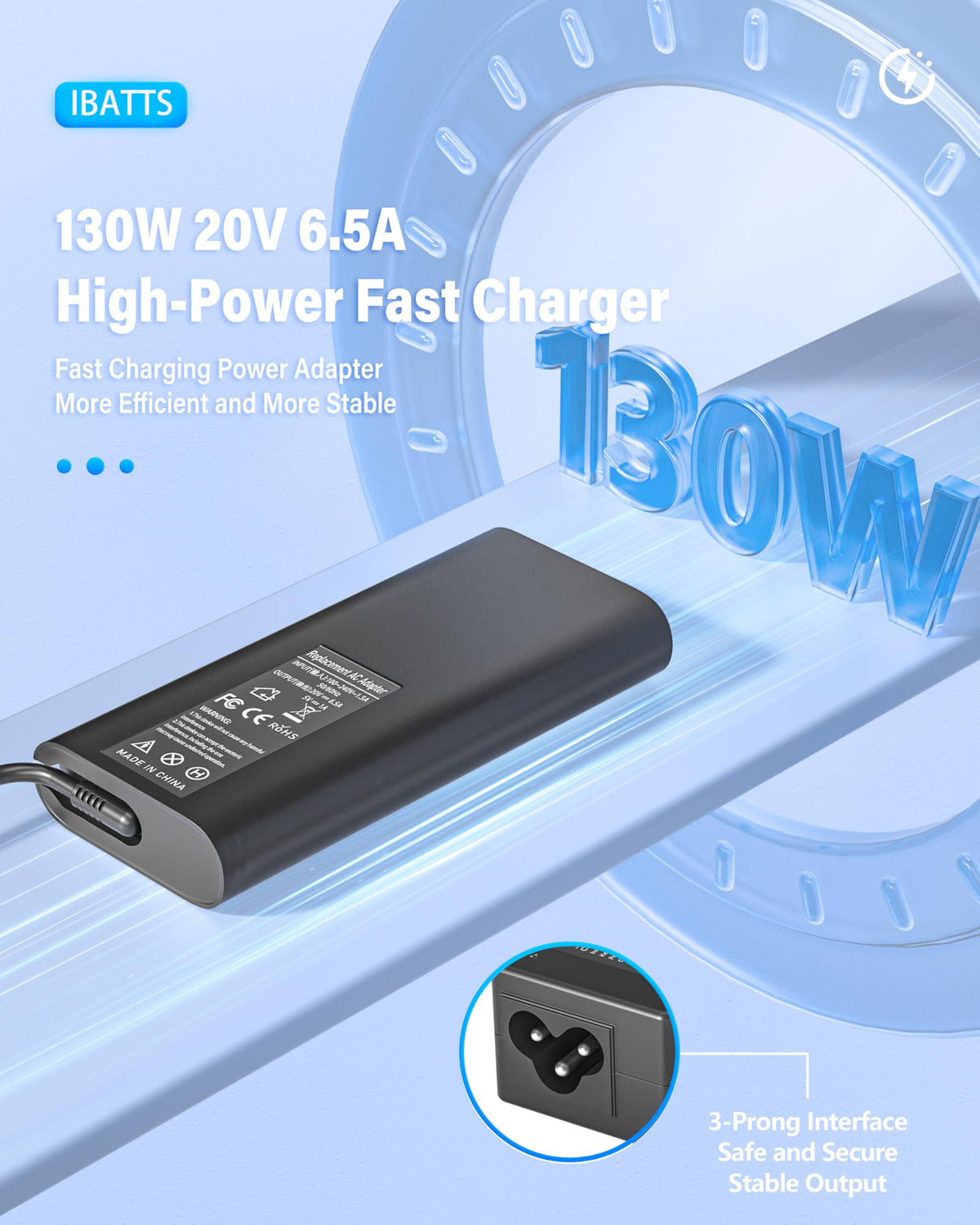 IBATTS 130W USB-C Dell charger in use for high-efficiency charging.