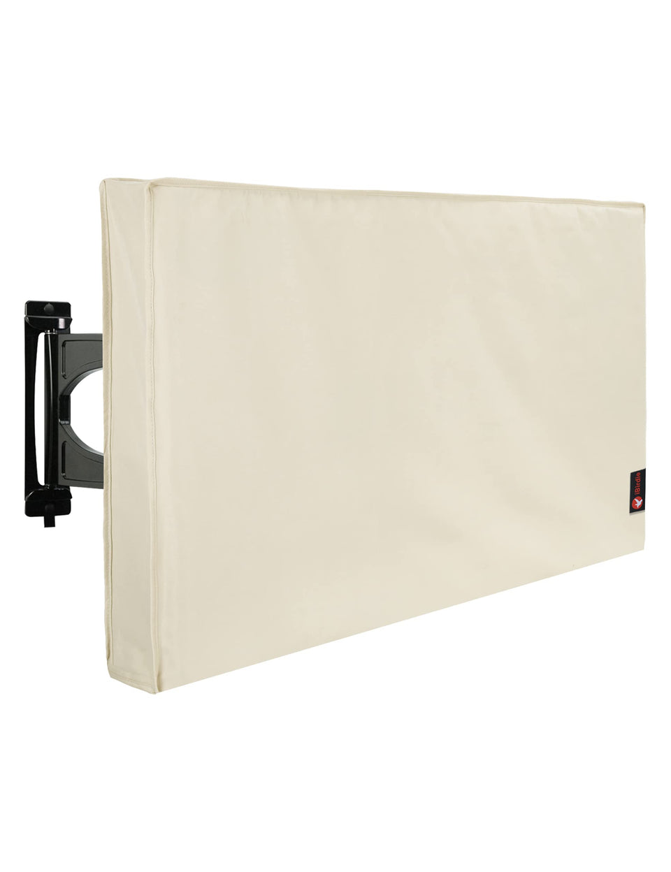 iBirdie front view of beige cover protecting outdoor TV, shows full coverage benefit