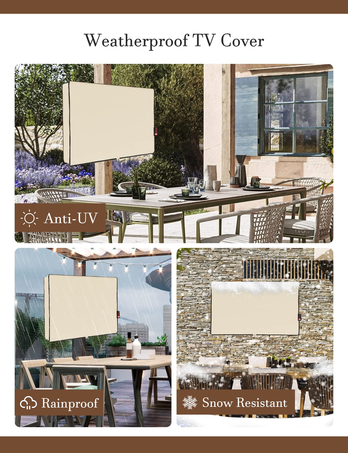 iBirdie cover beside chair showing size fit for 48–50 inch TVs and scale reference