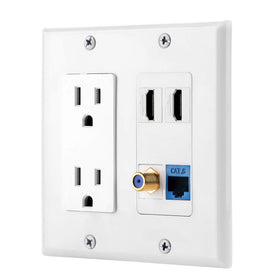 IBL 15A wall plate with power outlet and 2-port HDMI, Cat6, coax for media setups