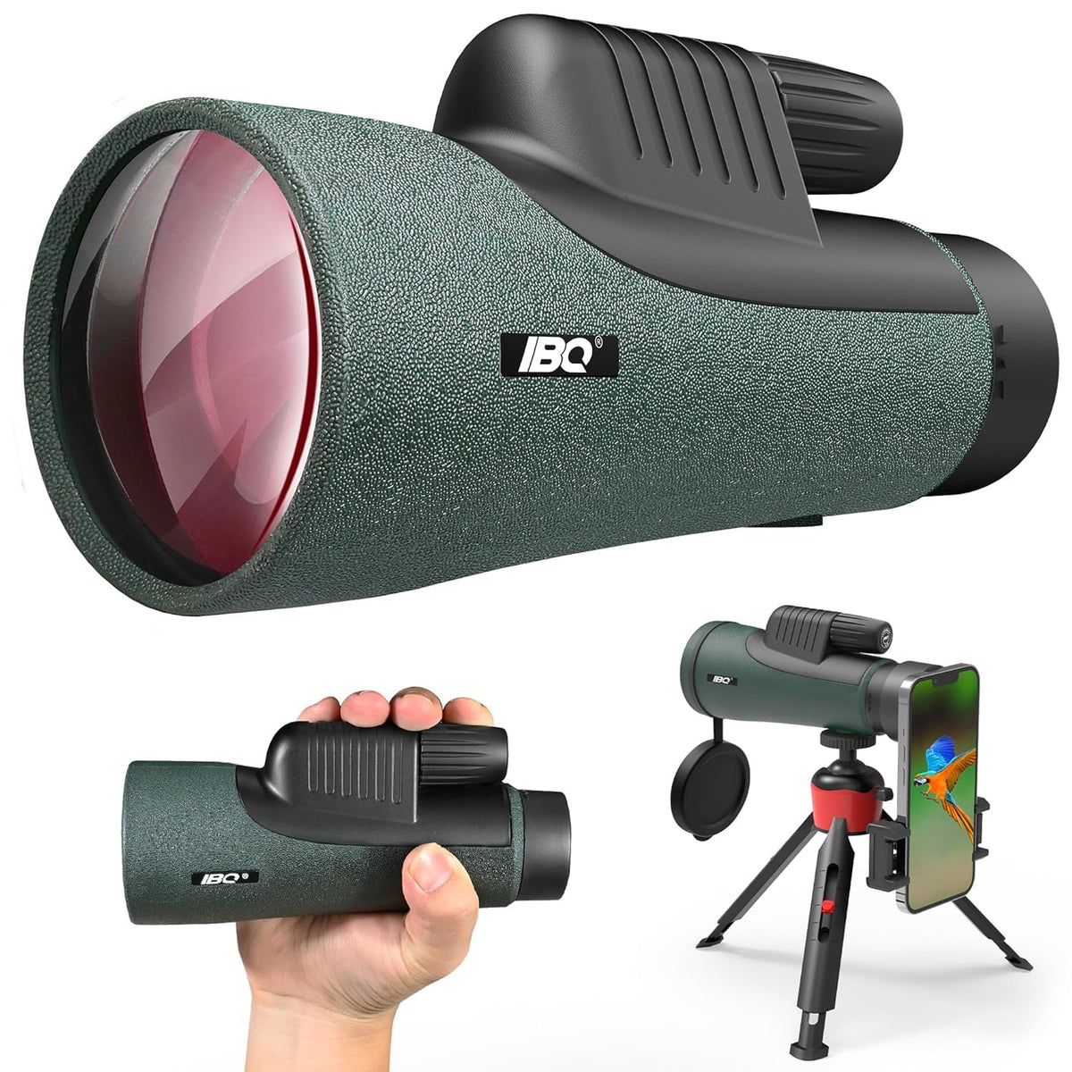 IBQ 12x55 UHD monocular with tripod setup for steady outdoor observation