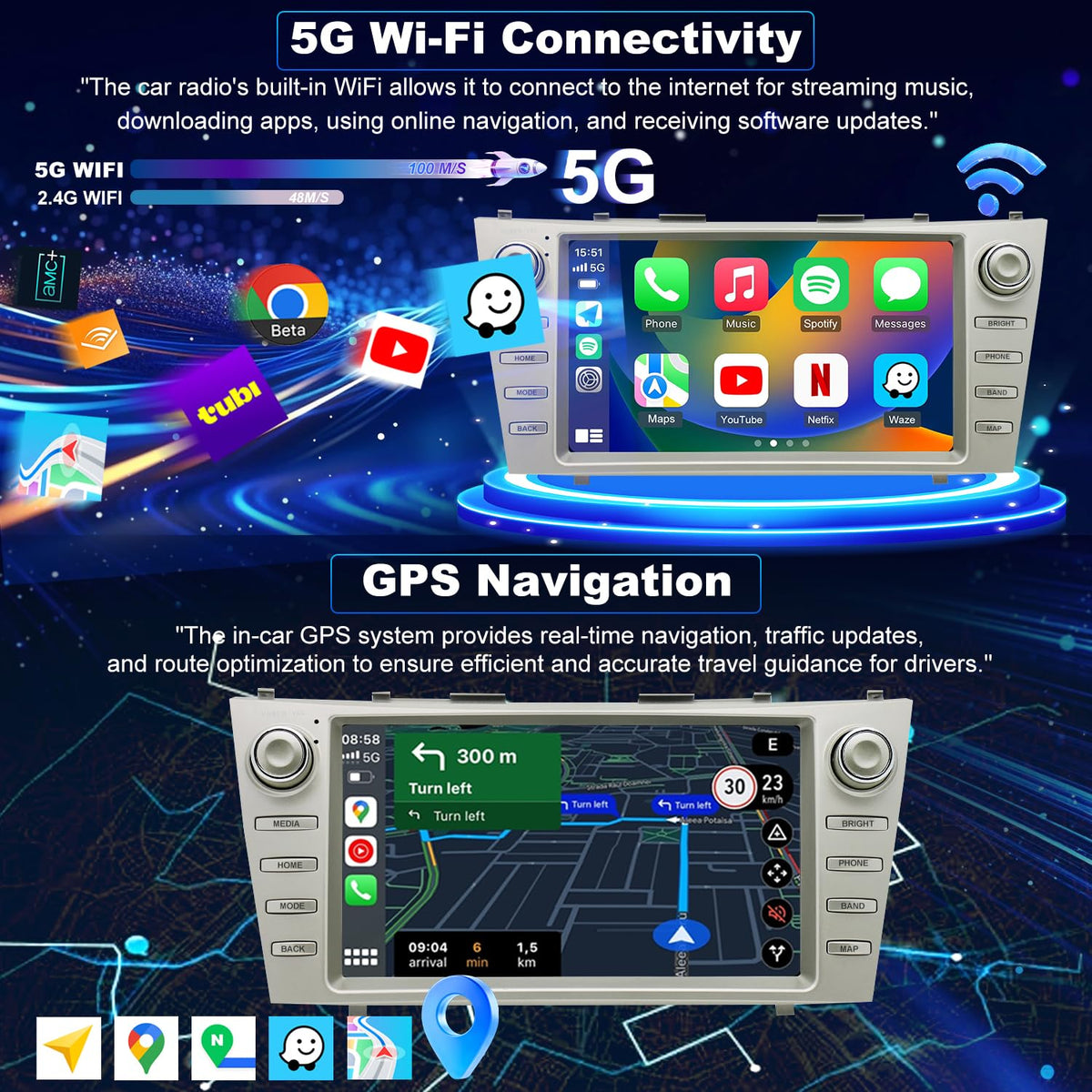iCarSEPTON Bluetooth FM radio stereo for Toyota Camry, crystal-clear hands-free calling.