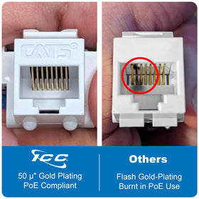 ICC Cat5e keystone jack with PoE++ rating supports high-power devices.