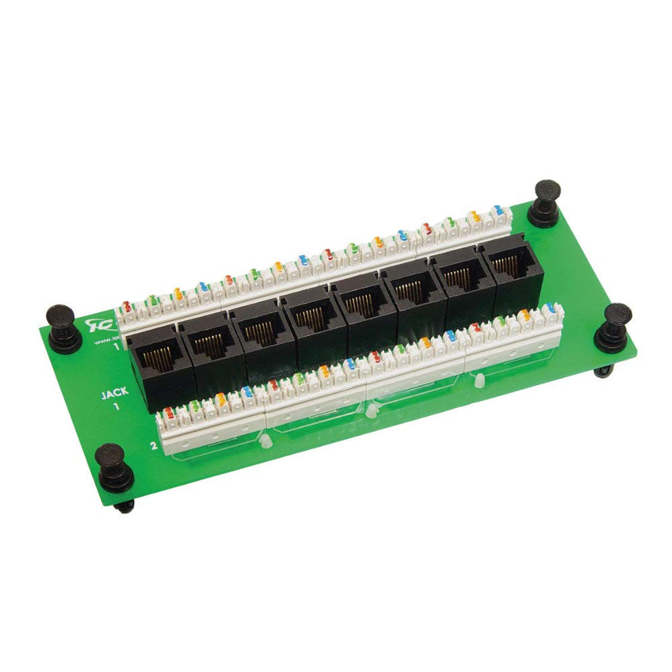 ICC Cat6 data module front view with eight ports for organized Ethernet connections.