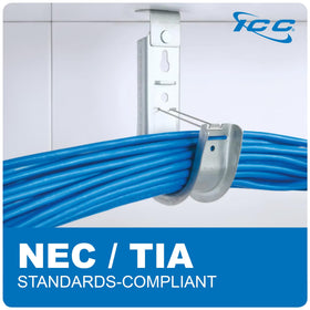 ICC Ceiling Mount J-Hook 4-Inch with Retainer Clip keeps cables neatly secured.