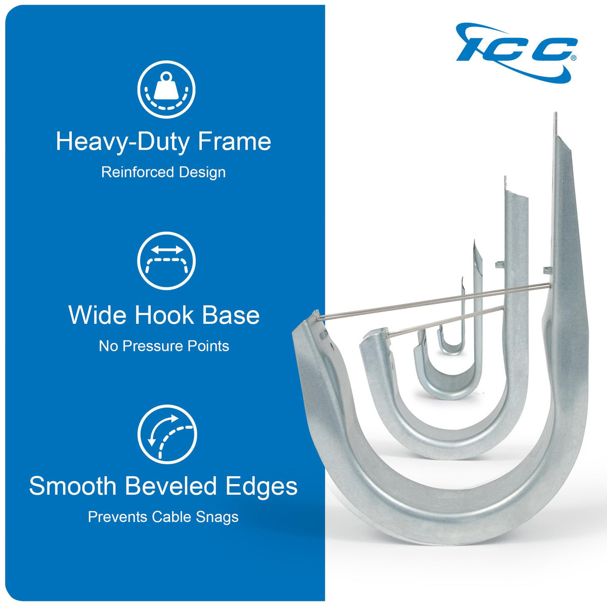 ICC j-hook next to ruler illustrating 2-inch capacity for planning