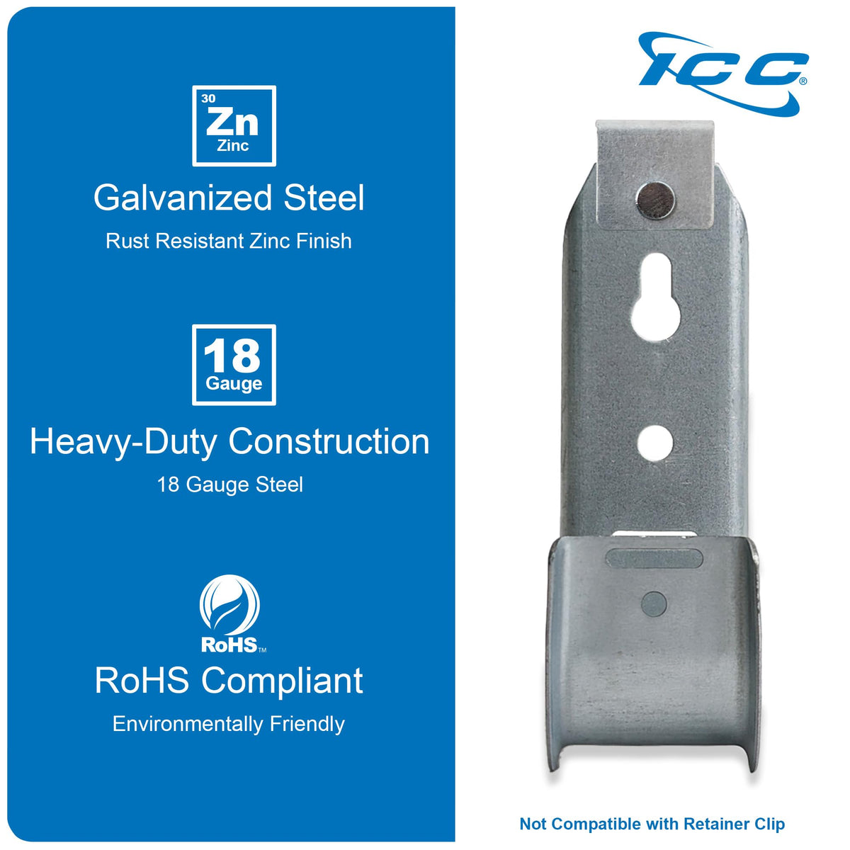 ICC J-hook beside a ruler showing 1-5/16" size, easy planning for installs
