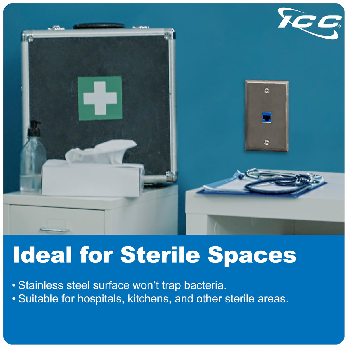 ICC keystone insert installed in plate showing compatibility with RJ45 jack and tidy cable organization