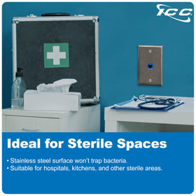 ICC keystone insert installed in plate showing compatibility with RJ45 jack and tidy cable organization