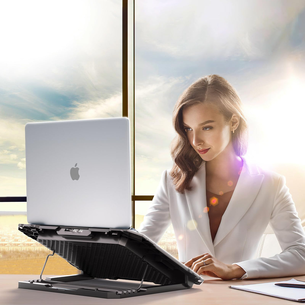 ICE COOREL ergonomic stand with adjustable height enhances typing posture and comfort.
