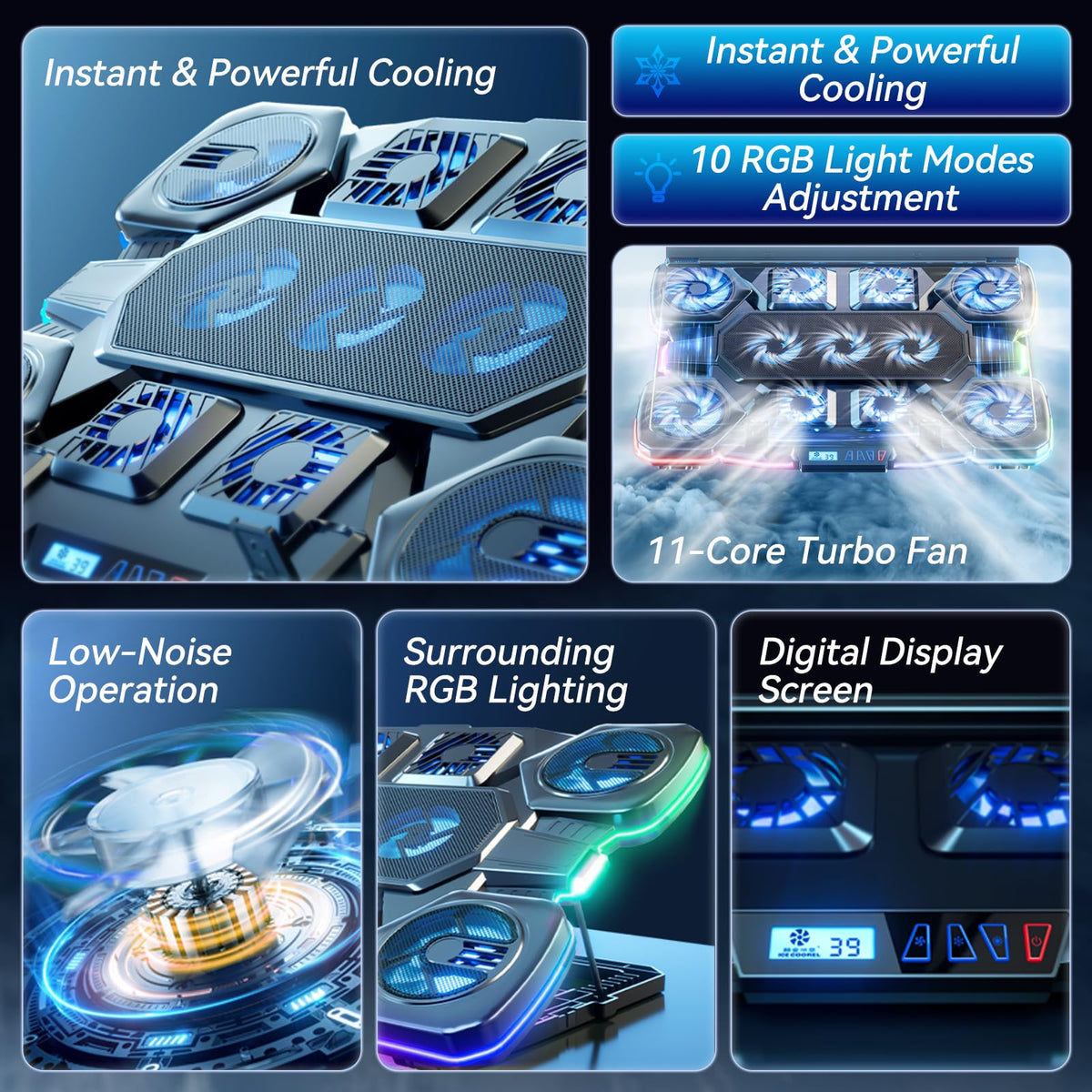 ICE COOREL illuminated fan array demonstrating powerful quiet cooling