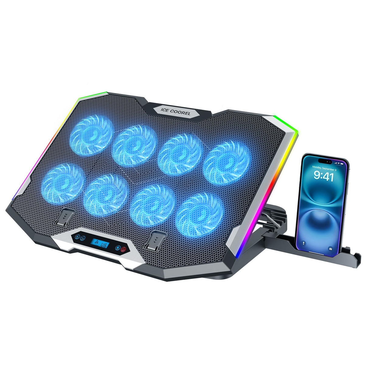 ICE COOREL front view with laptop showing broad cooling coverage and stability