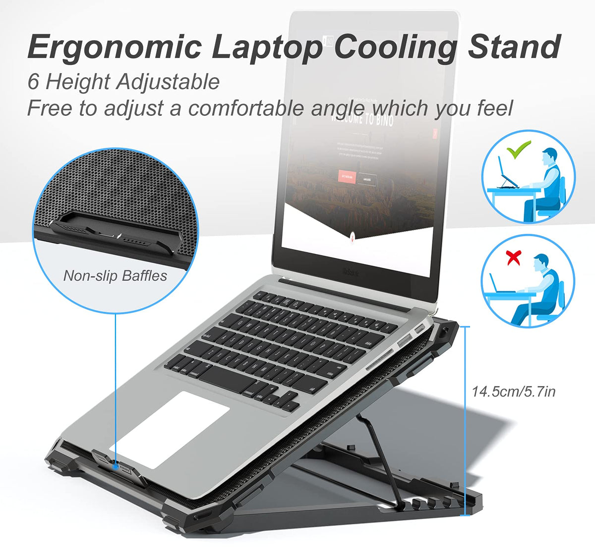 ICE COOREL ergonomic stand keeps your laptop at a comfortable angle