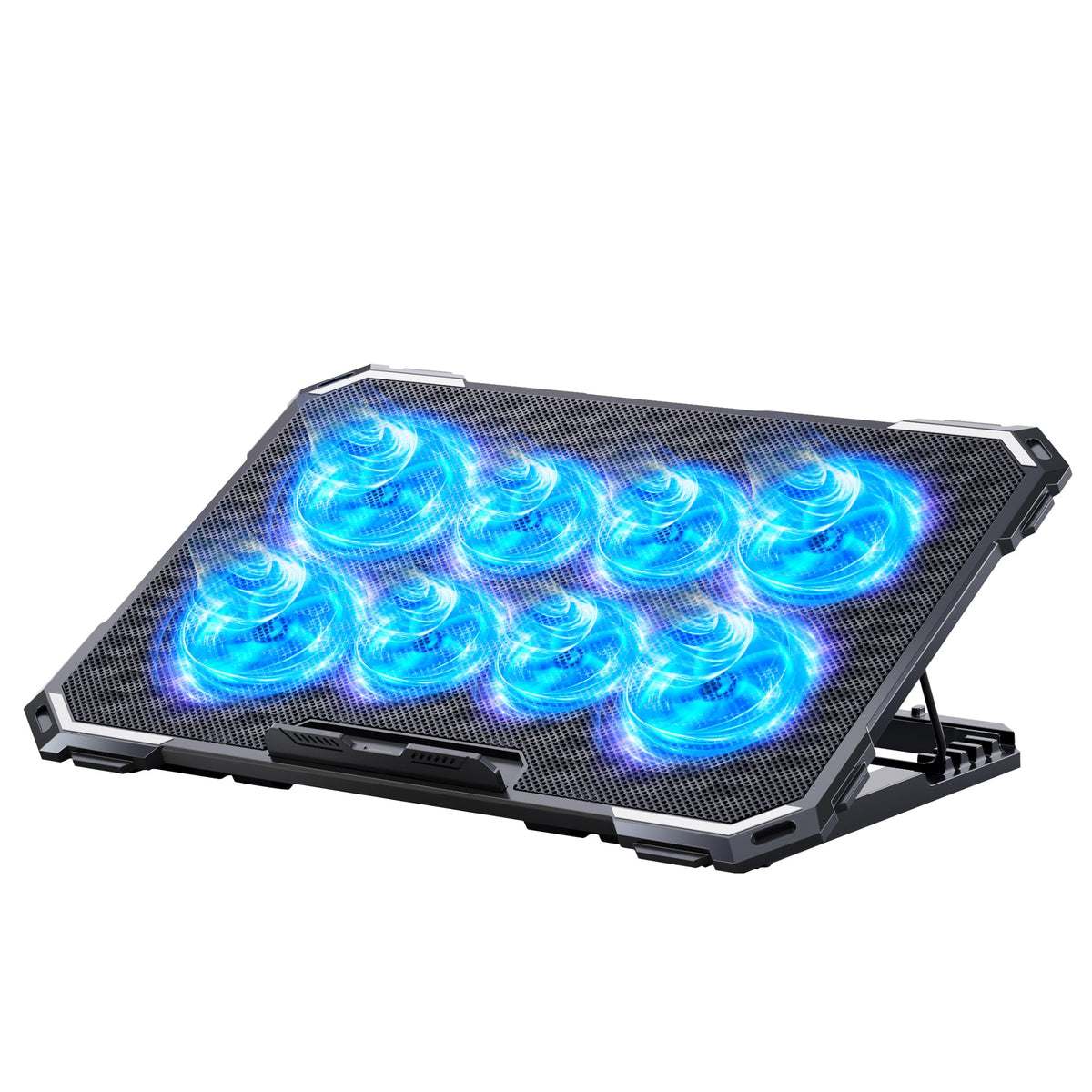 ICE COOREL laptop cooling pad with eight fans keeps laptops cooler during long work sessions.