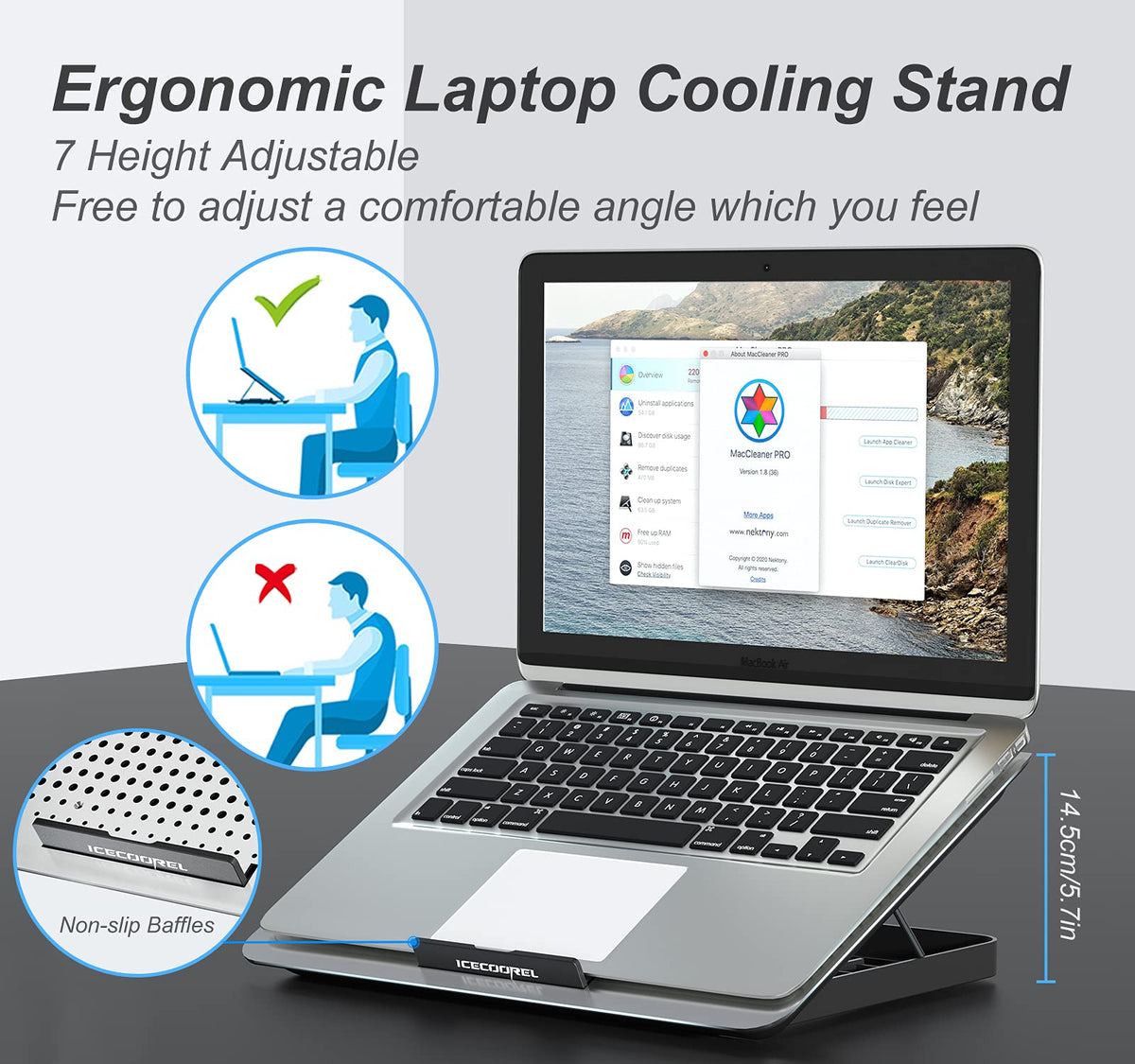 ICE COOREL adjustable-height stand shows ergonomic typing angles.
