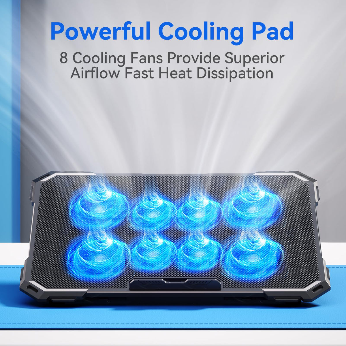 ICE COOREL cooling pad with two USB ports supports peripherals and data transfer.