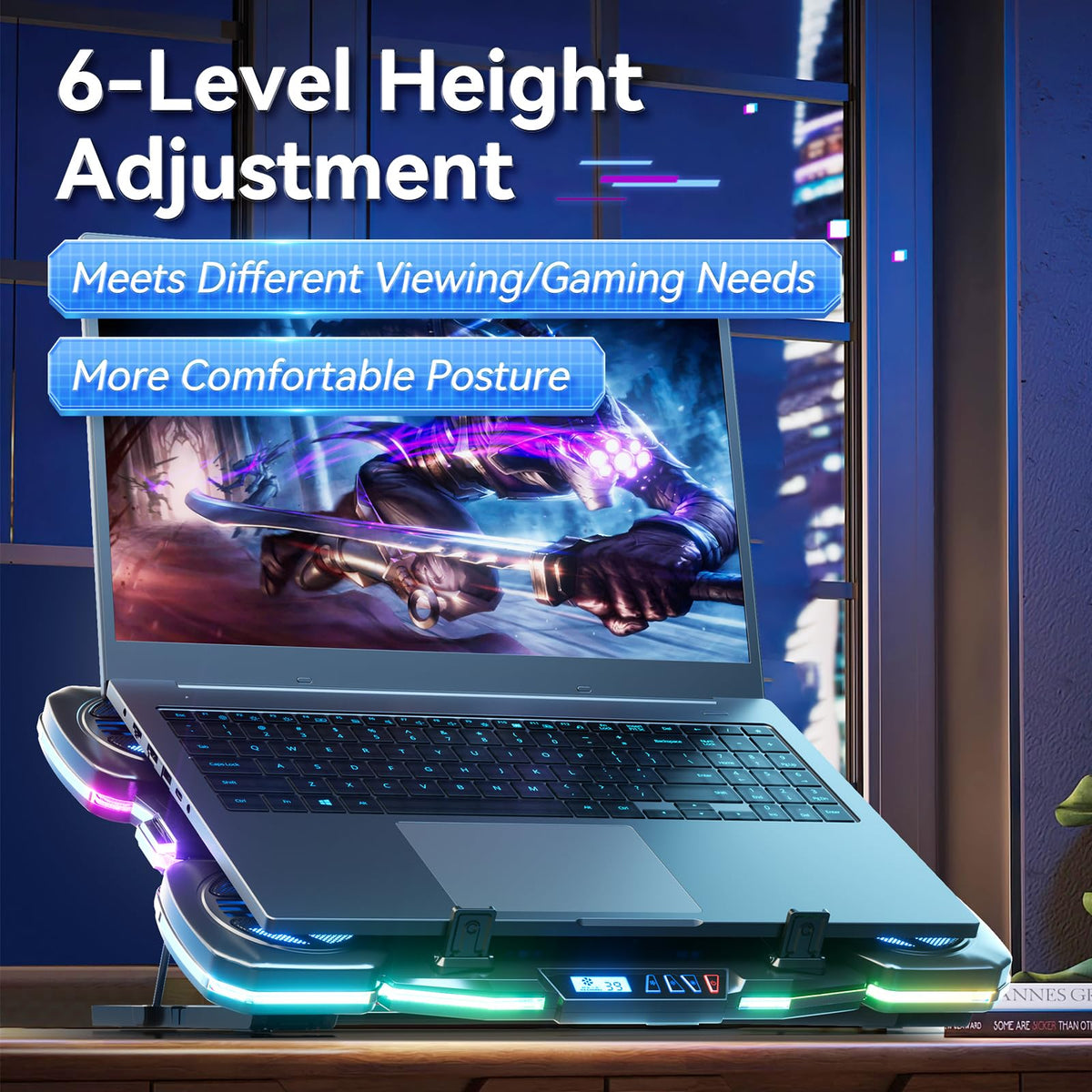 ICE COOREL with 17-inch laptop in use showing improved posture and cooling