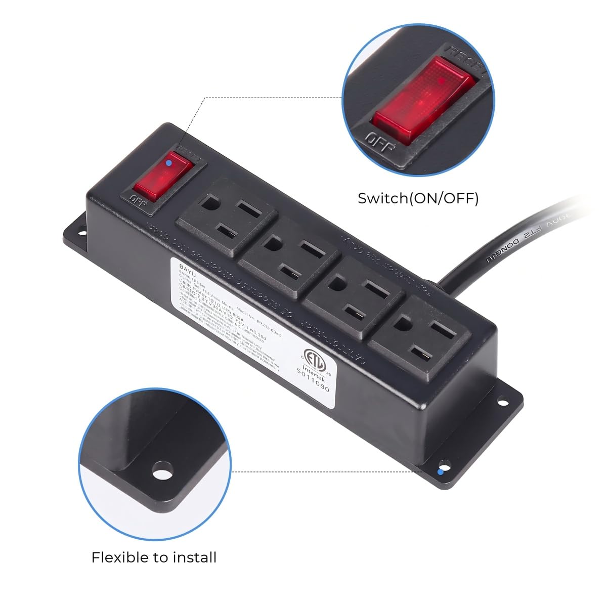 ICEELEC black finish power strip designed for desk, cabinet, or workbench