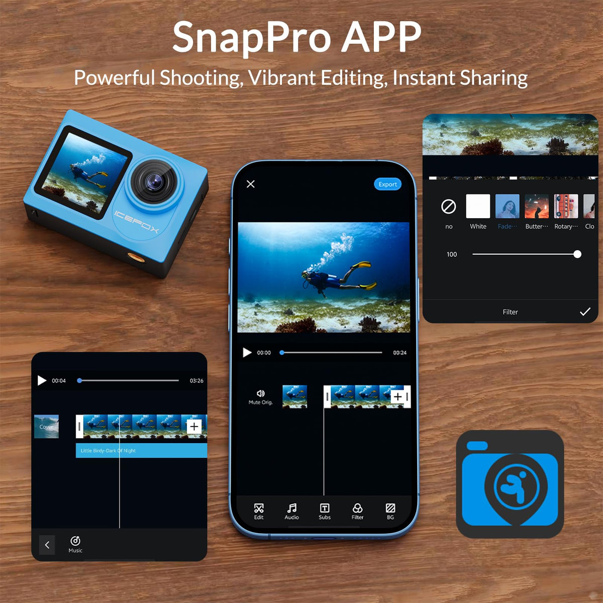 Editing tools within Snap Pro let you add music and subtitles.