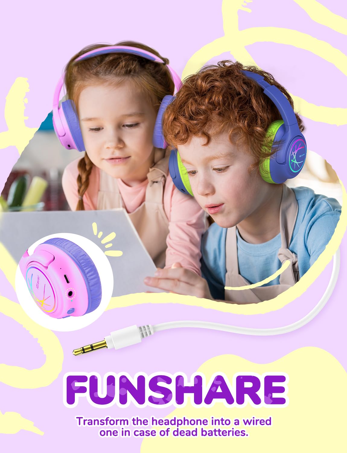 iClever AUX cable included for wired listening on tablets