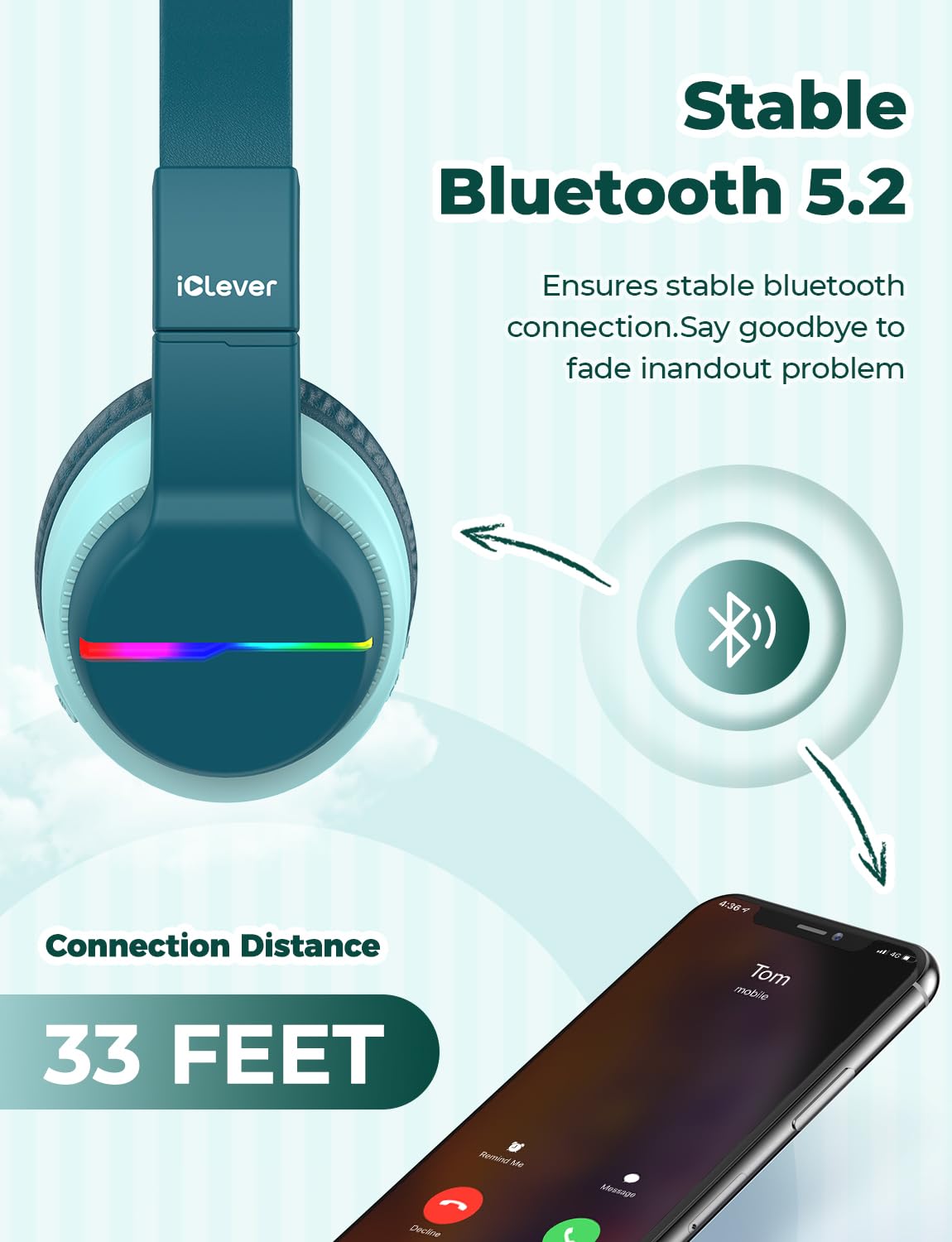 iClever folded headphones beside a smartphone showing compact travel convenience