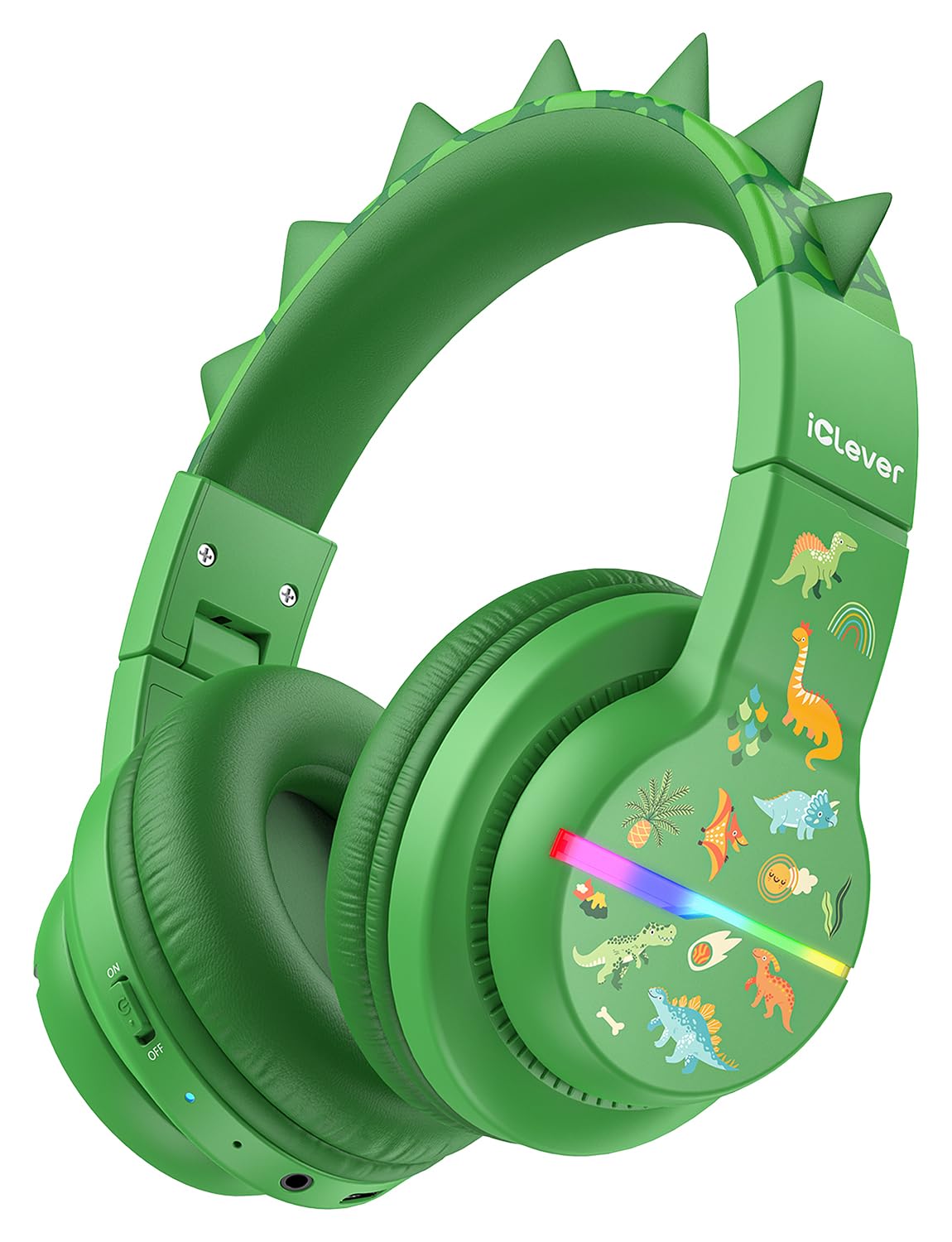 iClever BTH12 front packaging shows dinosaur design and features, highlighting fun appearance