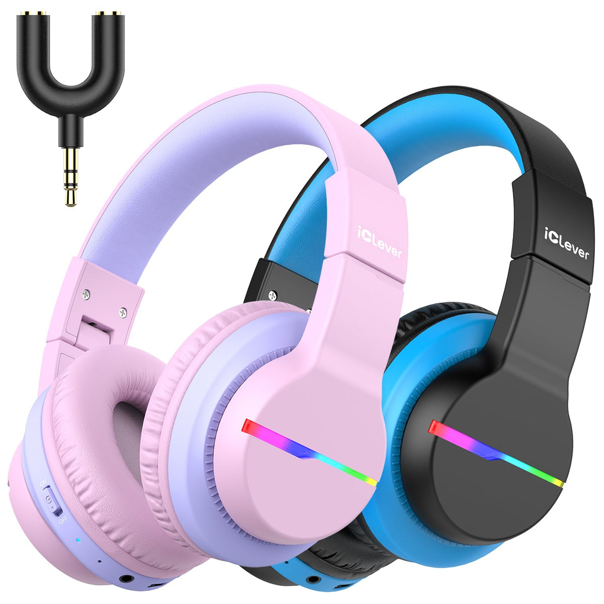 iClever front view of two-pack headphones showing colors and packaging benefit