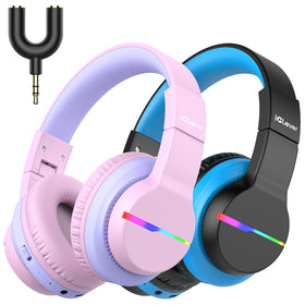 iClever front view of two-pack headphones showing colors and packaging benefit